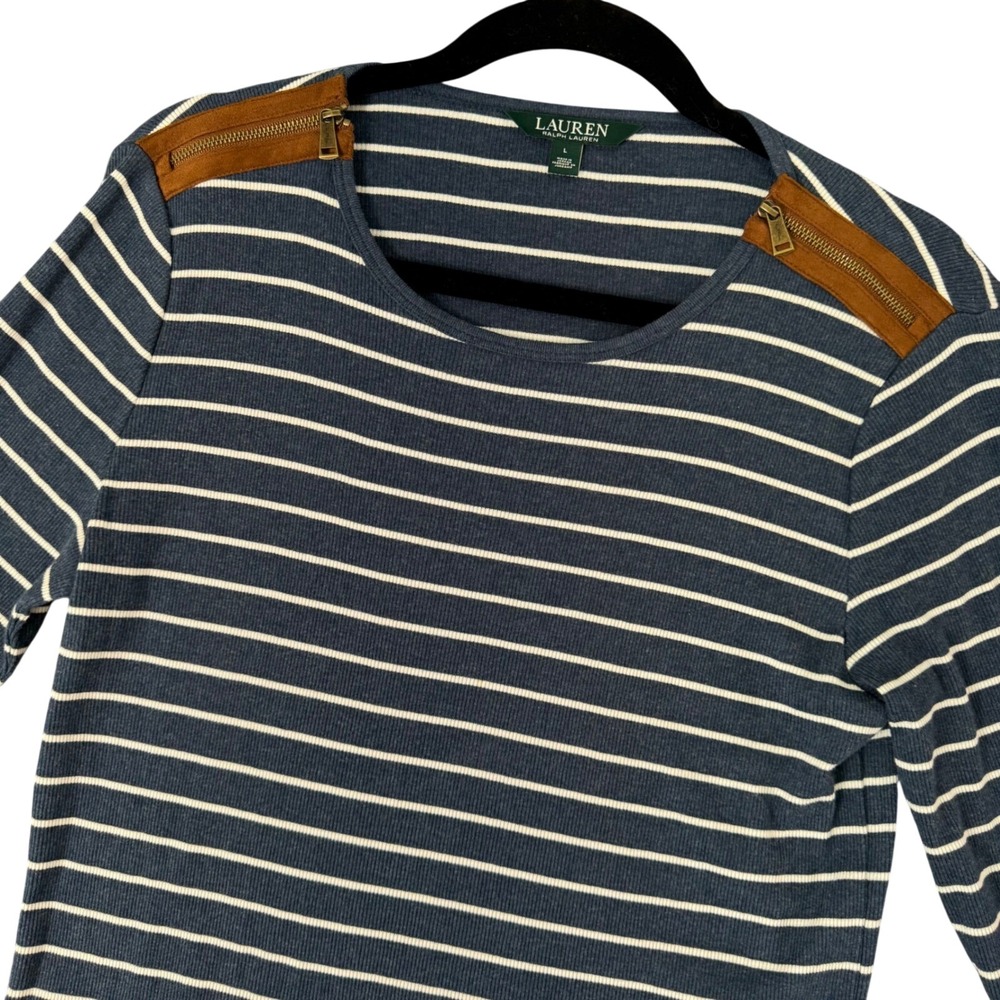Lauren Ralph Lauren Womens Large Blue Stripe Top Classic Prep Coastal Preppy
